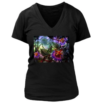 Flowers Women's Deep V-Neck TShirt